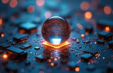Aufkleber - Futuristic glowing sphere rests on circuit board with orange and blue lights. Technological concept, electronic innovation, abstract digital design, complex circuitry, data systems.