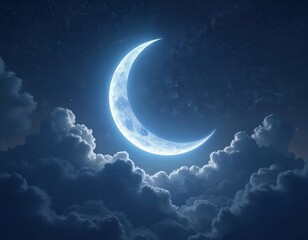 Wall Mural - Glowing crescent moon shines brightly in starry night sky filled with soft clouds. Celestial scene evokes serenity, wonder, sense of cosmic magic. Dreamy, ethereal atmosphere perfect for themes of