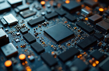 Aufkleber - Detailed view of computer motherboard circuitry. Features electronic components, processor, memory chips, and graphic card connections. Technology, hardware, and data processing concept.