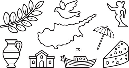Fototapete - Cyprus Culture Outline Icons Set National Symbols Landmarks Traditional Elements Vector Illustration
