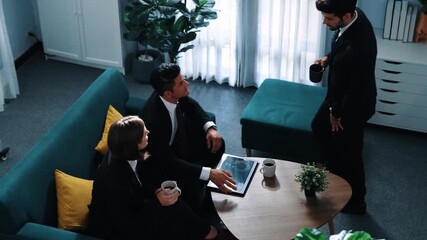 Poster - Top view of business man shaking hands and greeting manager while looking financial statistic graph and planning marketing strategy. Diverse people working together to brainstorm idea. Directorate.
