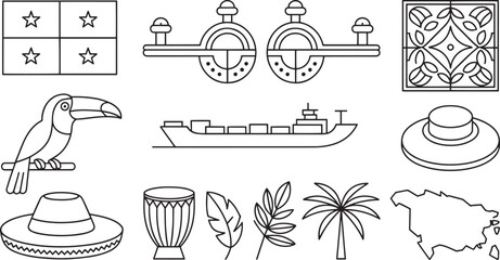 Fototapete - Panama Icon Set Line Art Illustration Featuring Flag, Locks, Ship, Toucan, Hat, Drum, Leaves