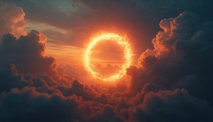Poster - Fiery sun ring glows amidst dramatic clouds. Orange light illuminates swirling sky creating cosmic, mystical atmosphere. Dynamic energy vortex appears in vast, fantastical space.