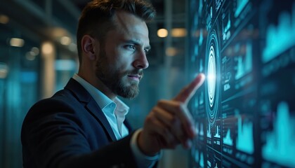 Poster - Man in suit uses fingertip to interact with futuristic digital interface displaying data charts. Highlights innovation, technology, progress. Emphasizes control over information in modern business