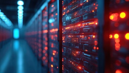 Poster - High-tech data center interior with rows of server racks glowing with red, blue lights. Digital infrastructure features fiber optic network creating vibrant, illuminated atmosphere ideal for