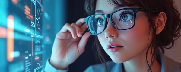 Poster - Woman with glasses studies digital screen with futuristic interface. Focuses on data, information, technology. Represents innovation, science, AI, business development in modern cyberspace network.