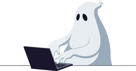 Poster - Ghost character working on laptop computer vector illustration with white background and minimal style