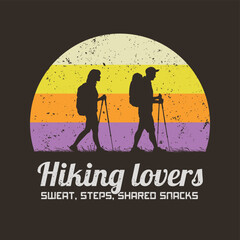 Sticker - People hiking in forest. Walking with trekking poles. 60s, 70s label