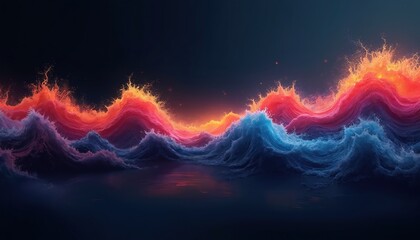 Poster - Abstract digital art features colorful waves in motion against dark background. Vibrant orange, red, and blue hues blend smoothly, creating dynamic and energetic flow with glossy, luxurious texture.