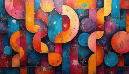 Poster - Vibrant abstract illustration featuring complex geometric shapes in dynamic urban street art style. Geometric patterns, colorful textures create modern, chaotic, intense visual composition with