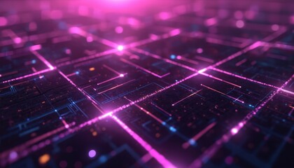 Poster - Futuristic abstract background with purple neon grid lines. Digital technology design features glowing geometric patterns, violet gradient evoking cyberpunk cyberspace. Perfect for virtual reality,