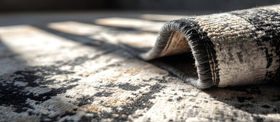 Poster - Close up perspective of textured black and white abstract rug with soft shadows and blurred background creating ample artistic copy space