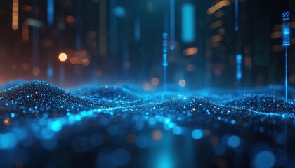 Poster - Futuristic abstract background with glowing blue digital particles forming undulating waves. Neon lines and bokeh lights suggest advanced technology, data streams, and cybernetic interfaces.