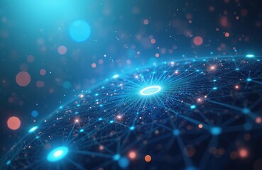 Poster - Abstract digital network illustration. Futuristic glowing lines connect points forming global mesh. Science, technology, communication concepts visualized with geometric shapes, creating cyberspace