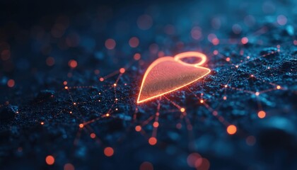 Aufkleber - Glowing neon heart shape symbol connected by digital network lines. Abstract futuristic illustration of cybersecurity data protection and technology. Dark blue background with bokeh lights.