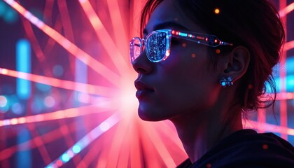 Poster - Futuristic portrait of woman wearing glasses reflecting digital data. Vibrant neon pink, blue lights create abstract network background. Symbolizes technology, connection, innovation, cyberspace.