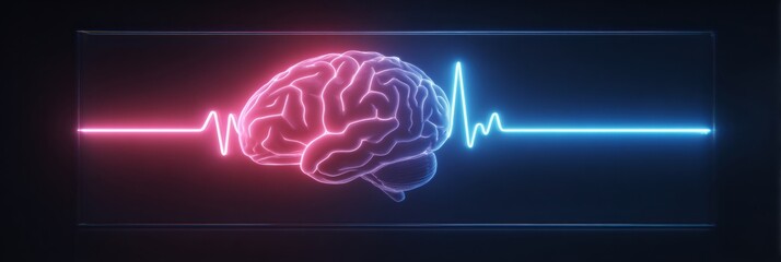 Poster - Brainwave Monitor Graph Displays Vibrant Neon Waves and Brain Illustration on a Dark Background, Capturing Neural Activity and Health Insights