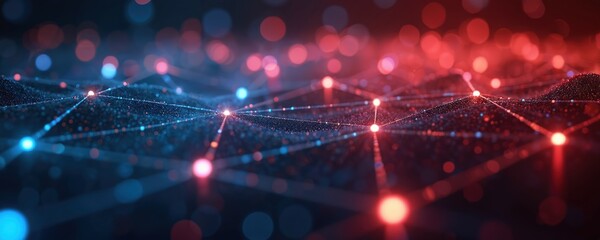 Poster - Abstract digital network with glowing red and blue lines connecting nodes. Futuristic cyberspace concept with luminous dots and data flow. Represents technology, innovation, and global communication.