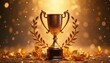 © Viktor - Golden trophy with laurel leaves celebrates achievement, victory. Ornate award gleams with sparkling lights, bokeh. Symbol of success, honor, prestigious competition. Luxurious design evokes