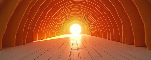 Poster - Abstract orange tunnel leads toward bright light. Curved orange walls create sense of advanced technology, futuristic pathways. Warm glowing energy emanates from bright end of corridor, progress,