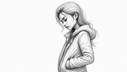 Minimalist line drawing shows person in simple elegant jacket. Black and white illustration features linear outline of fashion apparel. Clean modern style, soft vignetting creates abstract silhouette.