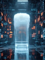 Poster - Digital Representation of an AI Brewing Process Showcasing a Glowing Glass Filled With Foam in a Futuristic Tech Environment