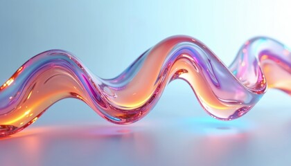 Poster - Abstract 3D liquid glass ribbon features transparent wave lines, holographic gradient textures. Smooth, glossy, flowing form dispersion light effects in vibrant rainbow colors. Futuristic, elegant