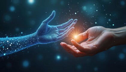 Poster - Illustration of human hand, digital AI hand reaching for connection. Futuristic hologram technology interaction, communication, collaboration. Advanced cybernetic intelligence represents progress,
