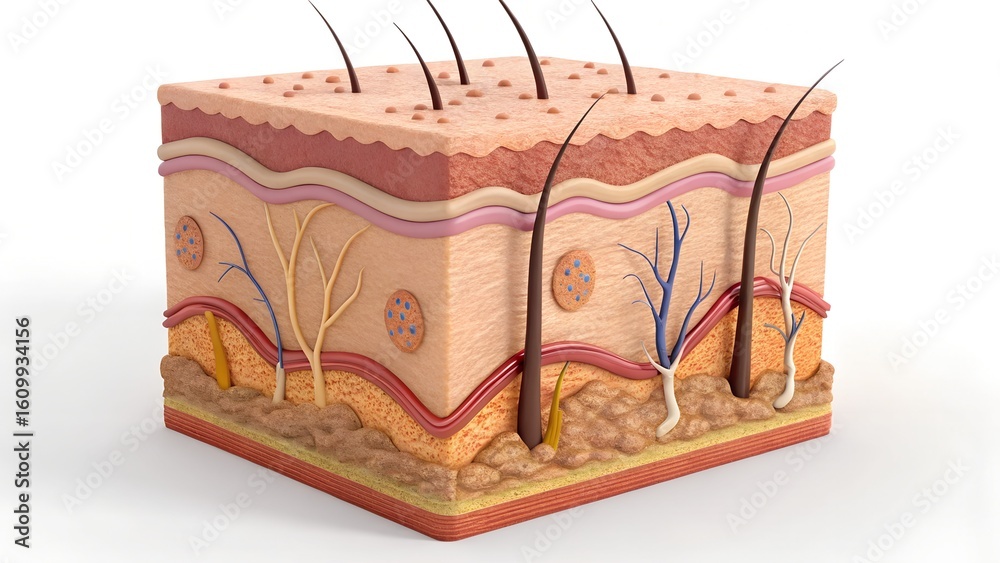 Hyperreal 3D cross-section of human skin — epidermis, dermis, and ...