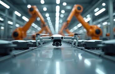 Poster - Robotic arms automate drone production on factory assembly line. Advanced manufacturing technology, Industry 4. 0 concepts define modern industrial process. Focus on efficient, large-scale, smart,