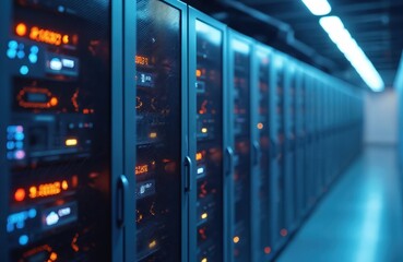 Poster - Rows of servers with glowing lights in modern data center. Illustration shows cloud computing infrastructure, digital transformation, technological innovation. Focus on efficient, secure, scalable