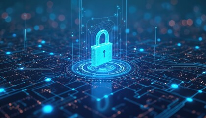 Poster - Futuristic illustration of glowing blue padlock cyber security, data protection. Padlock centered on circuit board with illuminated lines, nodes, representing technology, network operations. SIEM, AI