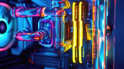 Poster - Close-up view of a computer case with vibrant neon lights, great for tech or digital concepts