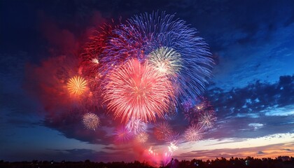 fireworks exploding in a vibrant night sky with colorful clouds