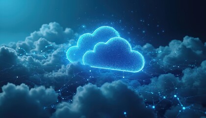 Poster - Futuristic digital concept of cloud technology with glowing abstract clouds, interconnected network lines data storage, global connectivity. Dark blue sky background with light effects, science,