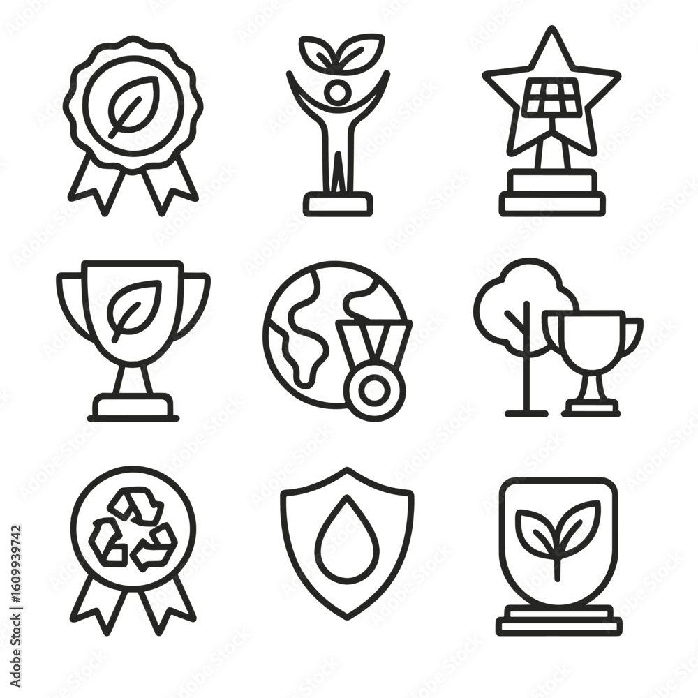 Eco-Friendly Awards Icons. Line style icons of environmental and ...