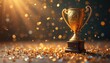 © Viktor - Golden trophy award sits on dark background in falling confetti. Sun rays shine on metallic cup, creating bokeh and sparkle. Represents victory, success, achievement, glamour, luxury and prestige.