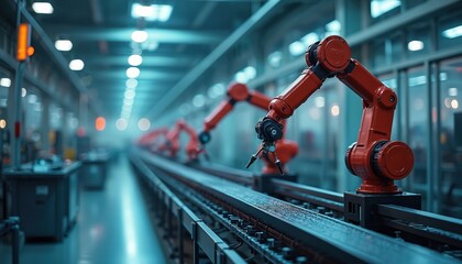 Poster - Modern factory assembly line featuring robotic arms on conveyor belt. Scene Industry 4. 0 digitalization, automation, advanced manufacturing technology. Robots work in unison on production line,