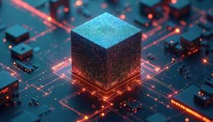 Poster - Isometric illustration of glowing blue cube at center of digital network. Lines of orange light connect nodes on dark background, representing data flow, cyberspace connections. Modern technology,