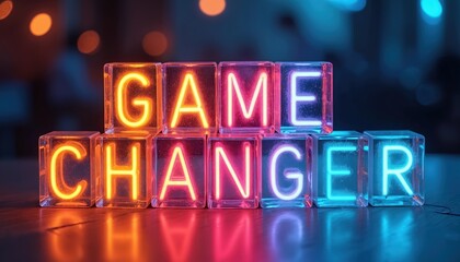 Poster - Neon sign lights spell GAME CHANGER in colourful glowing letters on transparent cubes. Bright orange, pink, blue neon. Nighttime, dark background, bokeh lights. Innovation, transformation, business