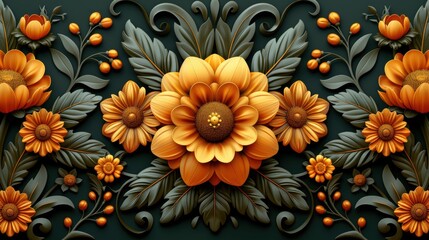 Poster - Intricate scroll design featuring vibrant floral motifs in oranges and greens creates a striking visual experience perfect for enhancing any decorative context or artistic project.