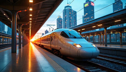 Poster - High-speed train arrives at modern city station during dusk. Sleek bullet train, skyscrapers, urban landscape visible. Dramatic lighting, reflections on platform convey progress, speed, vibrant city