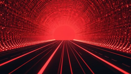Poster - Abstract red tunnel featuring halftone dots and perspective lines. Futuristic geometric design with vibrant light and motion, creating optical illusion of speed and depth within this digital corridor.