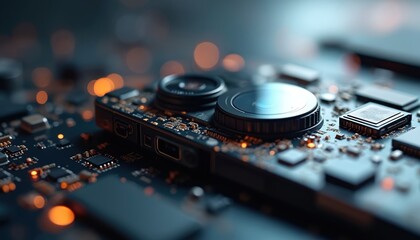 Poster - Next-gen smartphone camera module, close-up detail of lenses, sensors on circuit board. High-tech style phone technology with clean desk background. Focus on advanced optics, electronic components.