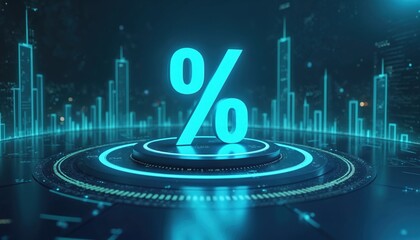 Poster - Futuristic neon percentage sign glows on platform with data visualizations. Abstract digital cityscape background finance growth, progress, economic trends. Modern technology, AI, cyber theme.