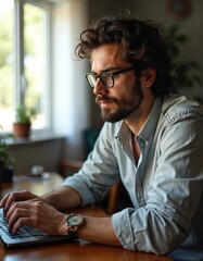 Focused man with glasses types on laptop. Programmer works remotely, coding on computer. Concentrated on task, engaged in software development. Workspace with natural light, plants creates productive