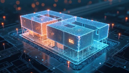 Poster - AI digital twin simulation system visualizes real-time building performance data for energy optimization. Glowing interface displays building analysis, smart technology, and architectural data.