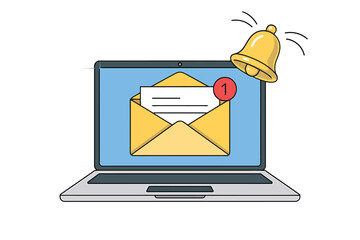 Poster - Urgent email notification alert pops up on modern laptop screen with ringing bell, signifying important digital communication and fast messaging for business success and productivity
