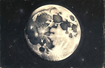 Wall Mural - Full moon illustration in vintage stippling and line art style. Celestial body detailed with craters against dark starry night sky. Antique cosmic artwork, retro space exploration theme.