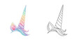 © Gabriel - Illustration of a unicorn horn and ears, one in color and one in black and white outline